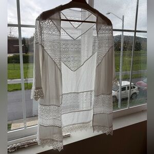 Sheer Lace Panel Bohemian Cardigan - Cream